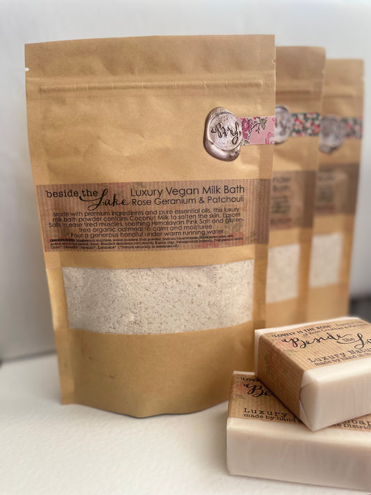 Luxury Vegan Bath Milk - Rose Geranium & Patchouli  200g pouch